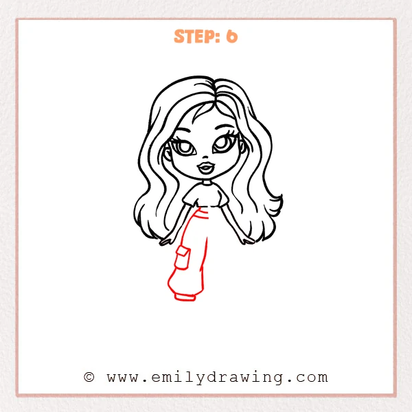 how to draw a bratz doll - A Bratz doll with head, hair, top, arms, and now high-waisted wide-leg pants with a forward stepping leg, a cargo pocket, and a chunky shoe outline.
